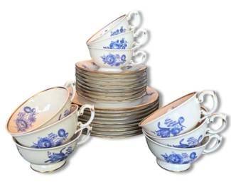 Blue Floral China Dishes With Goldtoned Rims