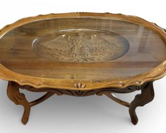 Carved Walnut Eagle Coffee Table w Removable Tray Top