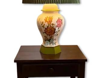 Dark Wooden Night Stand with Floral Lamp