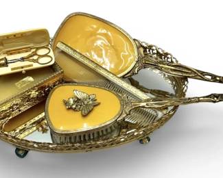 Ornate Gold Mirror Tray, Vanity Brush Set,  Accessories