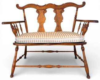 Antique Carved Wooden Bench w Cushion