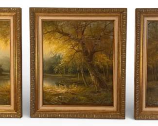 Lepatre Signed Triptych Landscape Oil Paintings with Gold Frames
