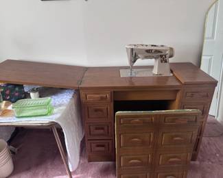 VINTAGE SEWING MACHINE CABINET OPEN