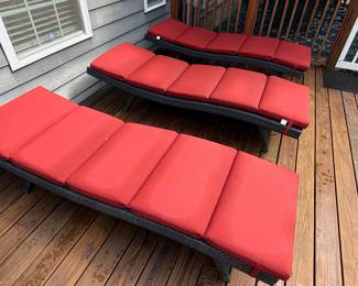 Wicker Outdoor Chaise Lounge with Red Cushions (Set of 3)