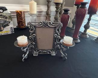 Vintage Ornate Pewter Photo Frame with Candle Holders