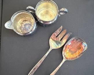 Vintage Silver-Plated Sugar Bowl and Creamer with Serving Utensils by International Silver Company