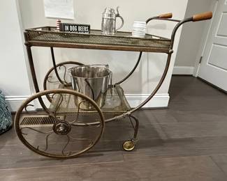 Vintage Brass Bar Cart with Perforated Shelves and Spoked Wheels
