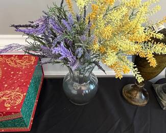 Artificial Lavender and Yellow Astilbe Arrangement in Fluted Glass Vase