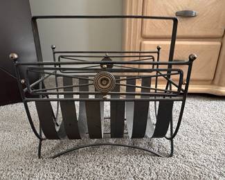 Vintage Wrought Iron Magazine Rack with Ornate Detail and Brass Accents