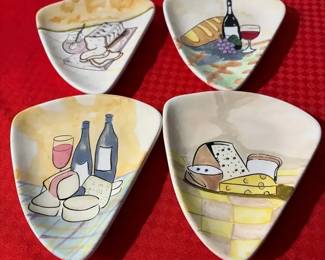 Four Clay Art Appetizer Plates  Wine  Cheese Theme