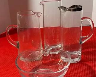Collection of Glass Pitchers  Apple Dish