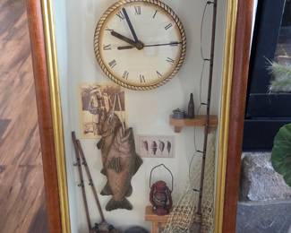 Vintage Fishing Scene Shadow Box with Clock