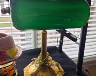 Vintage Brass Banker's Lamp with Emerald Cased Glass Shade
