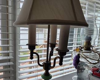 Vintage Brass Bouillotte Lamp with Green Accent and Tole Shade