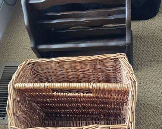 Vintage Wicker Magazine Basket and Dark Wood Tiered Magazine Rack