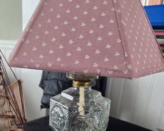 Vintage Lamplight Farms Hexagonal Glass Oil Lamp with Floral Shade
