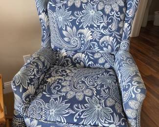 Blue and White Floral and Paisley Wingback Armchair