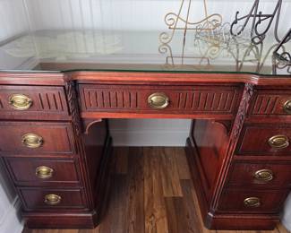 Vintage Mahogany Partner's Desk with Glass Top
