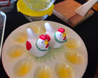 Ceramic Deviled Egg Platter with Two Chickens