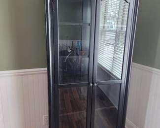 Black Display Cabinet with Glass Doors and Stepped Molding