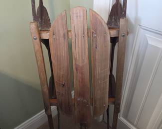 Vintage Toboggan Sled with Integrated Shovel