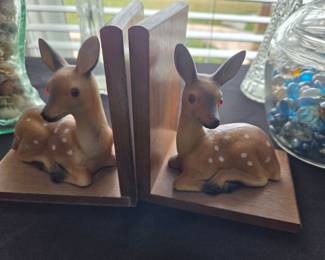 Vintage Ceramic Fawn Bookends with Wooden Base, 1950s