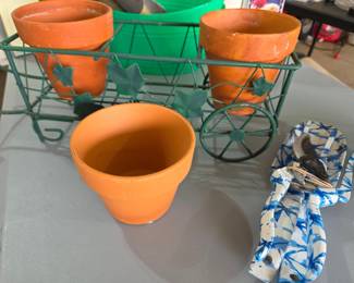 Terracotta Flower Pots with Decorative Metal Cart