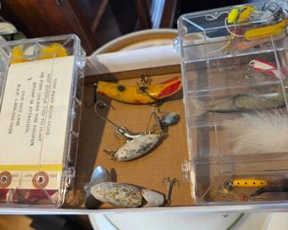 Vintage Fishing Lures Collection with Tackle Box and 1981 Pass Book