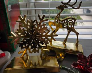 Brass Reindeer and Snowflake Christmas Stocking Holders