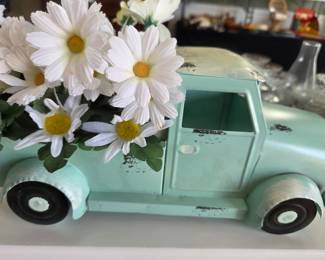 Distressed Teal Metal Pickup Truck with Daisies