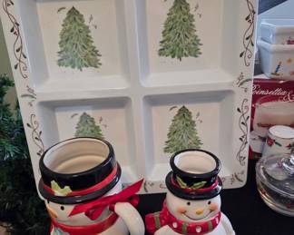 Christmas Tree and Snowman Themed Ceramic Serving Platter and Luminaries