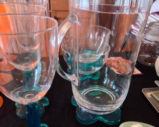 Glass Pitcher and Stemware Set with Teal Accents