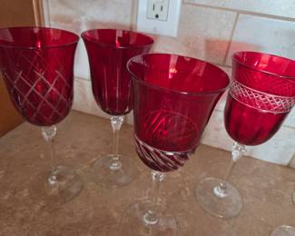 Vintage Ruby Red Cut Crystal Wine Glasses with Twisted Stems