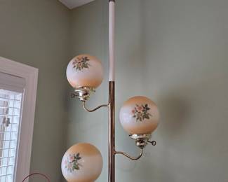 Vintage Three-Light Tension Pole Lamp with Floral Globes