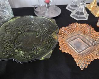 Green Grape and Cable Carnival Glass Bowl and Peach Opalescent Diamond Point Glass Bowl