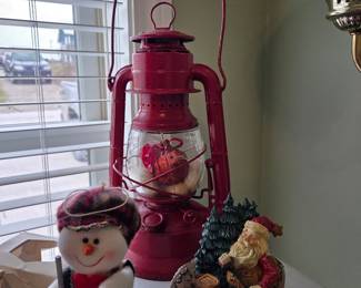 Vintage Red Metal Lantern with Christmas Figurines