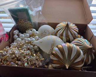 Vintage White and Gold Christmas Ornaments Collection with Beaded Garlands