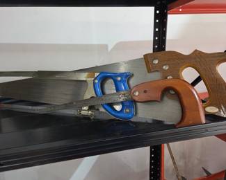 Set of 3 Vintage Hand Saws: Disston D-8, Craftsman Coping Saw, and Carved Wooden Handle Saw