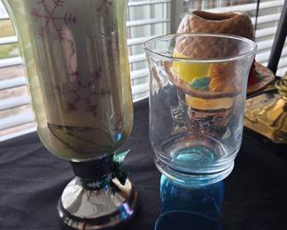 Glass Hurricane Candle Holder with Snowflake Design and Green Ribbon Accent