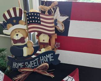 Wooden Patriotic Teddy Bear with American Flag and "Home Sweet Home" Sign