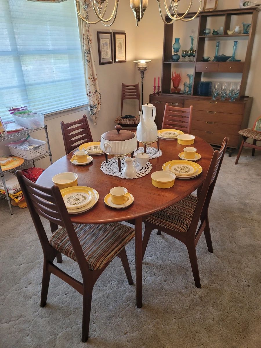 MCM Dining Table w/ 6 Chairs, International Silverware Gorgeous Flower Dish Set, Ernest Sohn Creations 