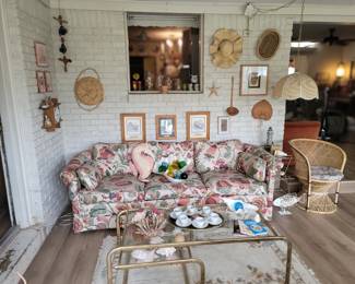 Vintage Sofa, Brass Coffee Table, Vintage Rattan Swag Lamp, Rattan Chair