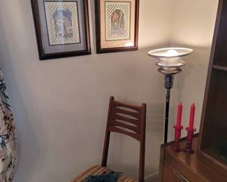 Vintage Standing Floor Lamp, Vintage Blue Glass Wind Chime (on chair)