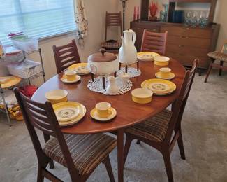 MCM Dining Table w/ 6 Chairs, International Silverware Gorgeous Flower Dish Set, Ernest Sohn Creations 