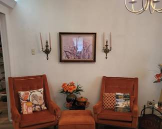 Thayer Coggin Burnt Orange Lounge Chairs & Ottoman