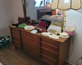 MCM Dixie Dresser W/ Mirror, Vintage Rattan Lamp, Vintage Purses