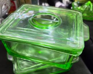 Hazel Atlas "Criss Cross" Uranium Green Glass Refrigerator Dish