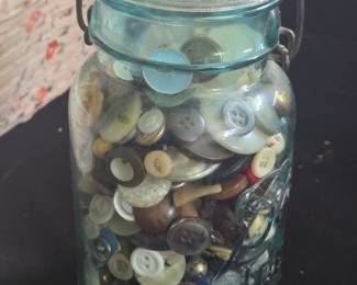 Antique Blue Ball Mason Jar with Assorted Buttons