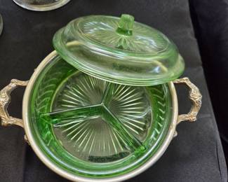 Green Uranium Glass Relish Dish with Silver Plate Handles and Lid
