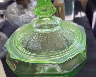 Green Uranium Glass Covered Candy Dish - Hazel Atlas Florentine 2 Pattern